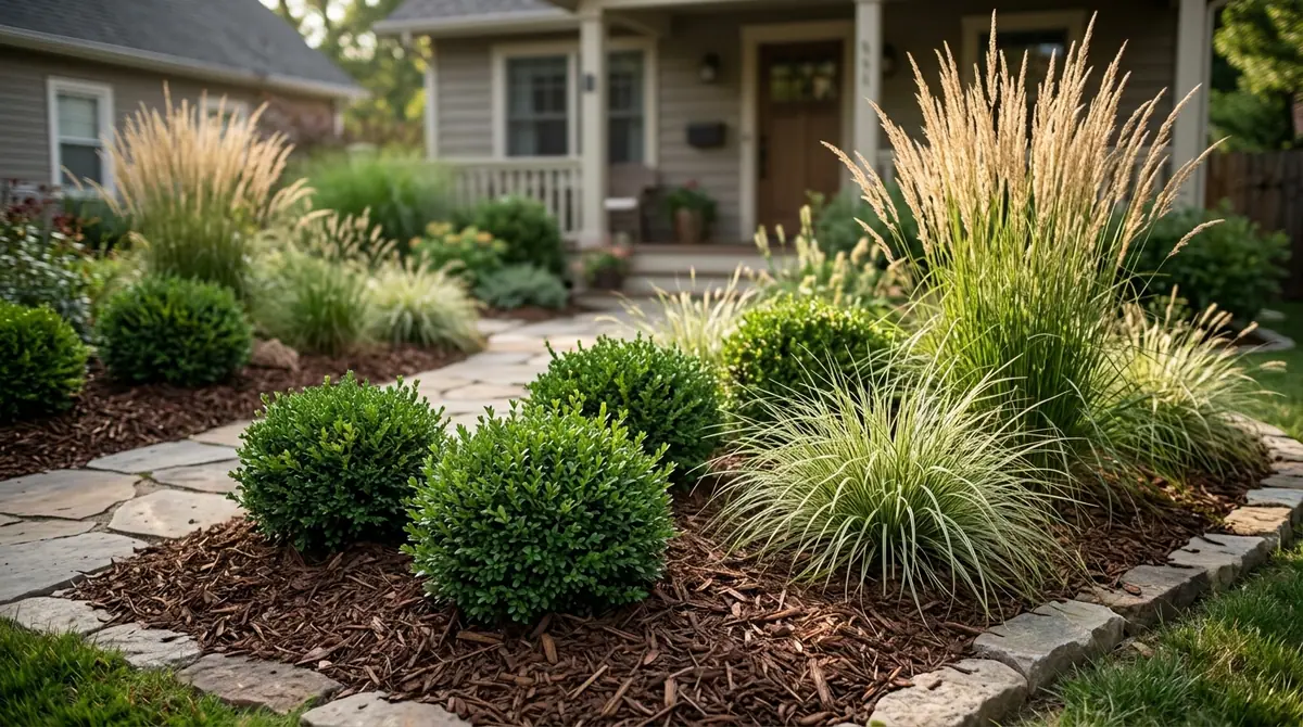 Small boxwood shrubs and tall ornamental grasses in a mulched front yard bed along a stone walkway