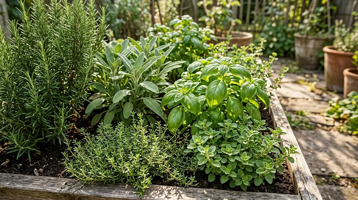 Lush rosemary, sage, basil, and thyme growing in a sunny wooden raised bed