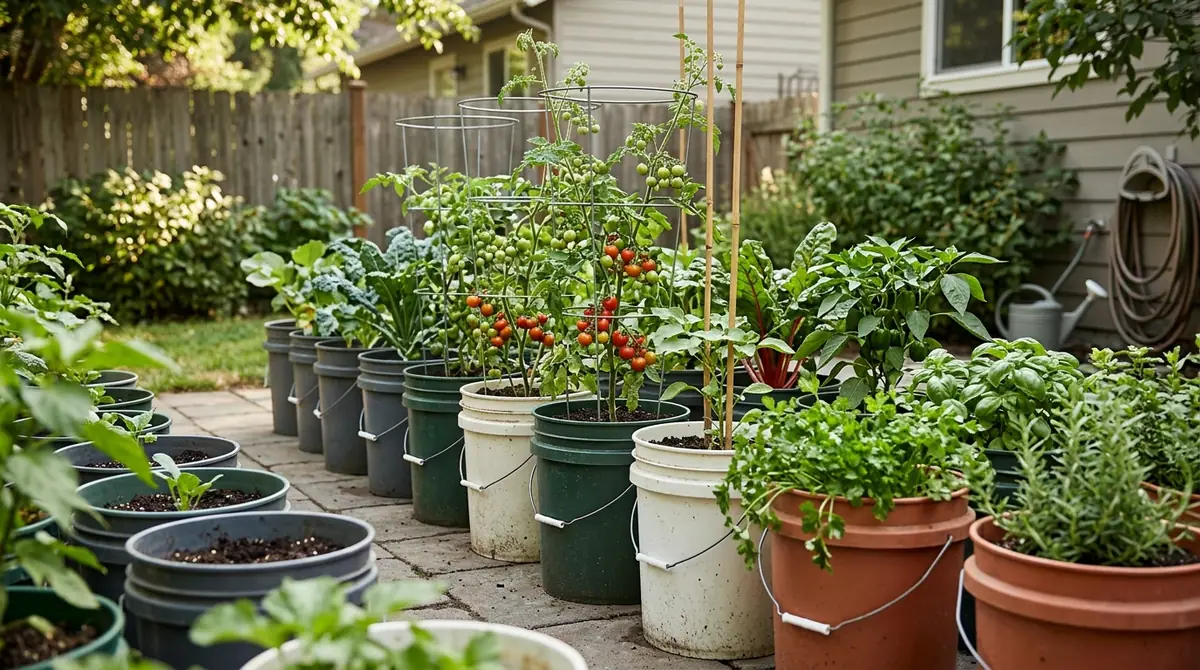 Tomato plants with ripening fruit and leafy herbs growing in 5-gallon buckets on a patio