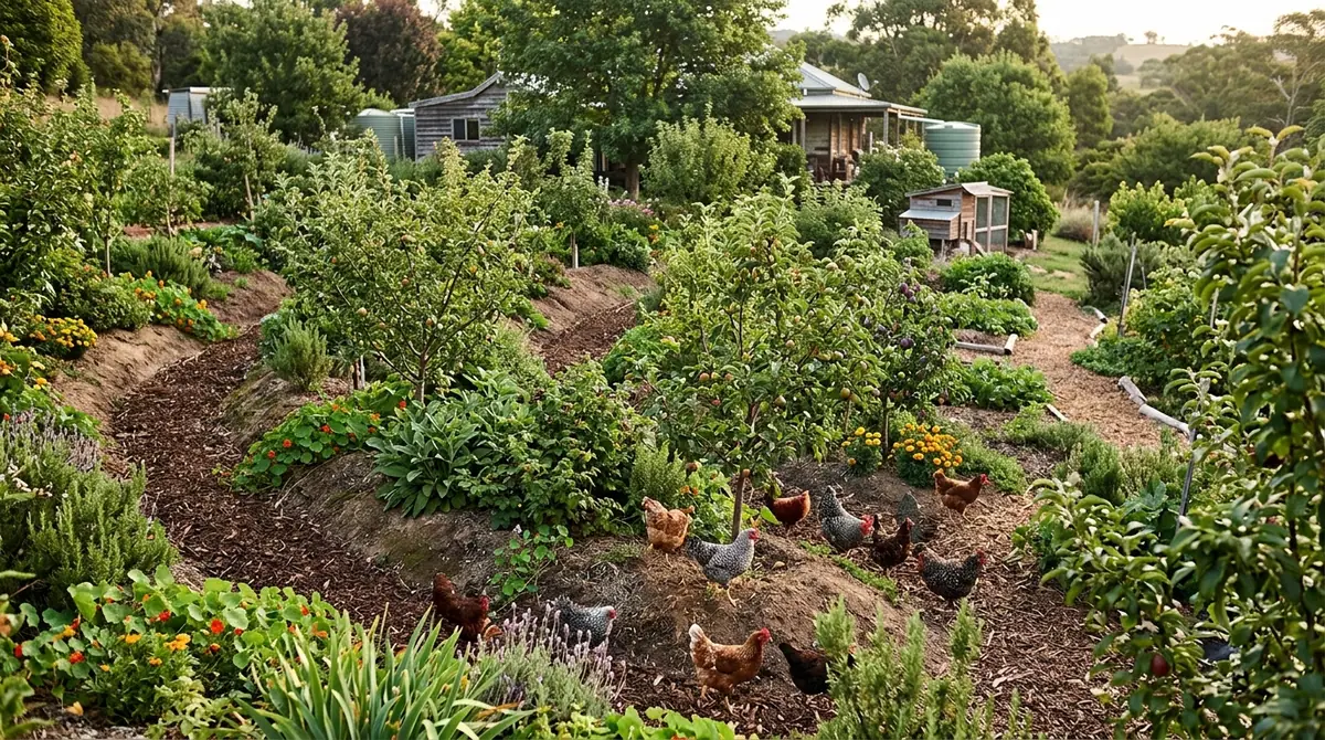Chickens foraging on a mulched path in a lush terraced garden with fruit trees and flowers