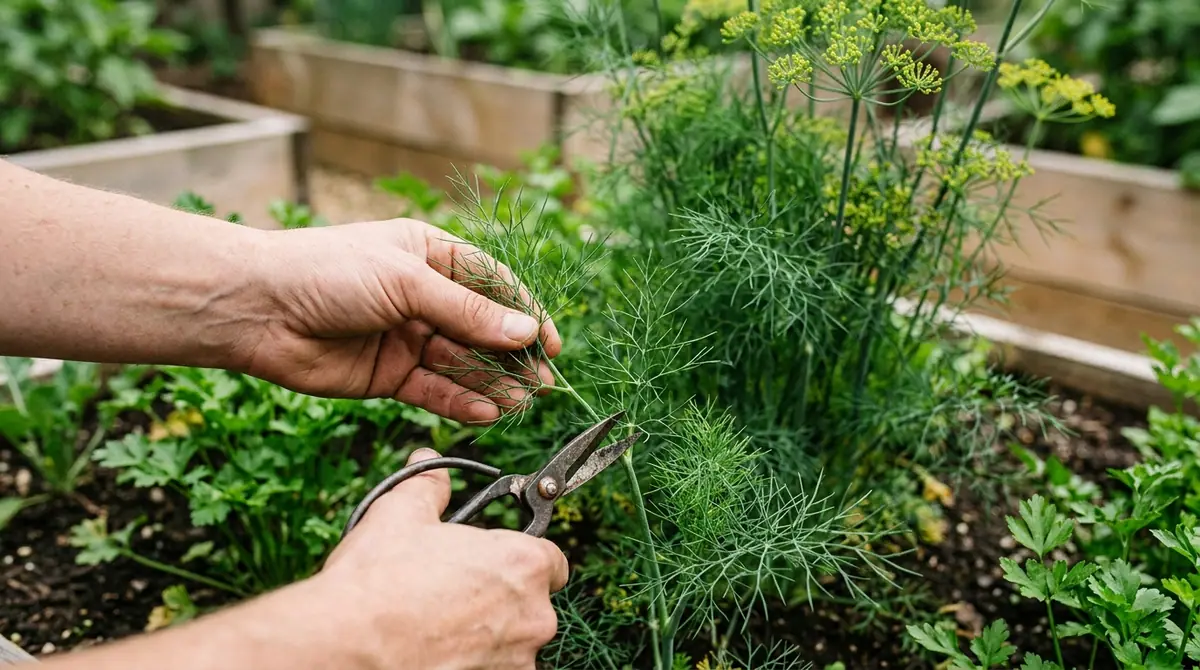 Hands using shears to cut a stem of fresh dill in a garden bed