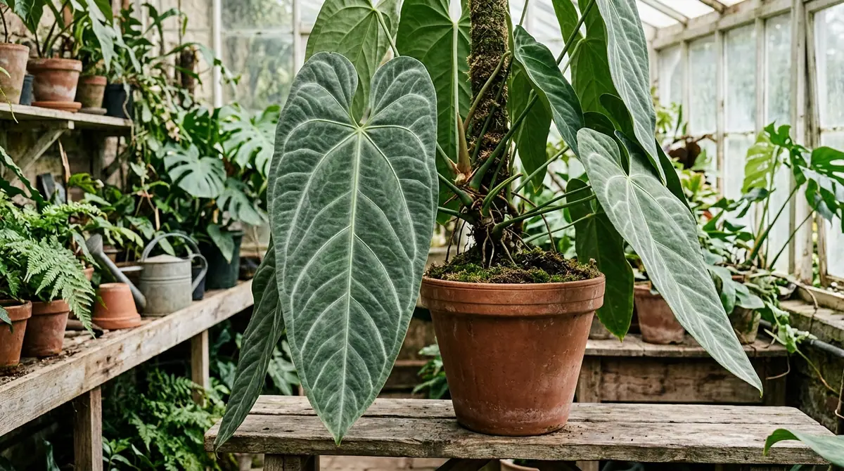 Anthurium metallicum plant with large, veined green leaves in a terracotta pot on a wooden bench in a greenhouse