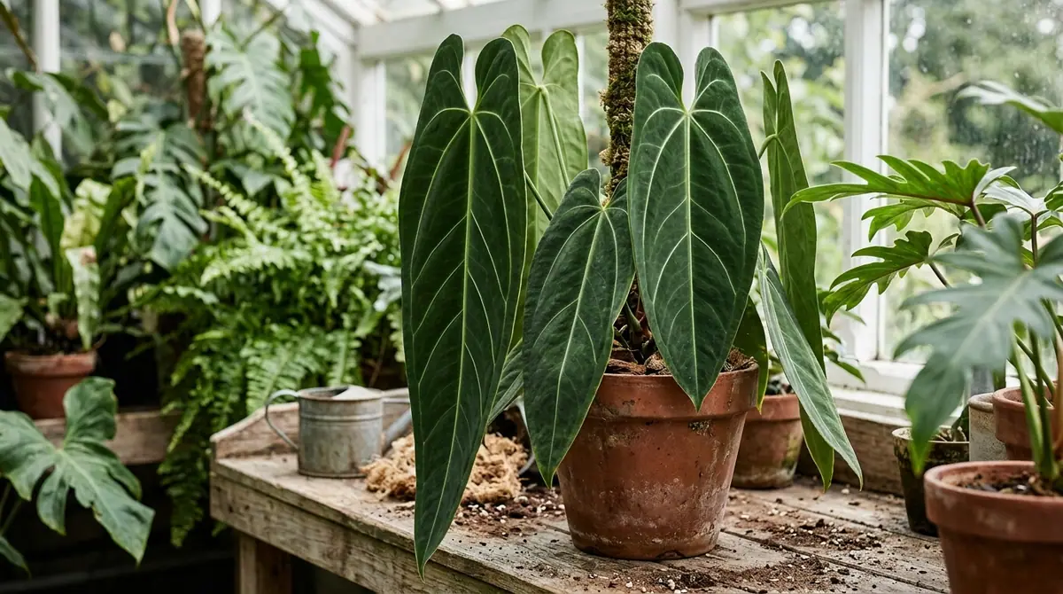 Anthurium villenaorum with large white-veined green leaves in a terracotta pot on a wooden greenhouse bench