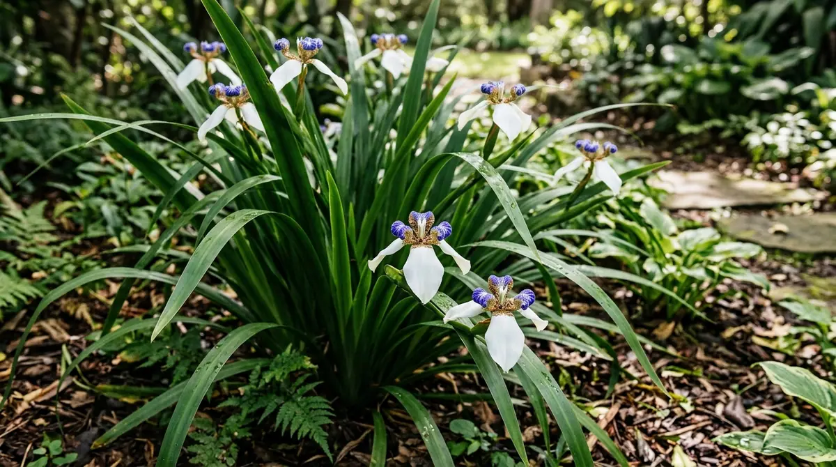 An apostle's iris plant with white and blue flowers growing among long green leaves in a garden bed