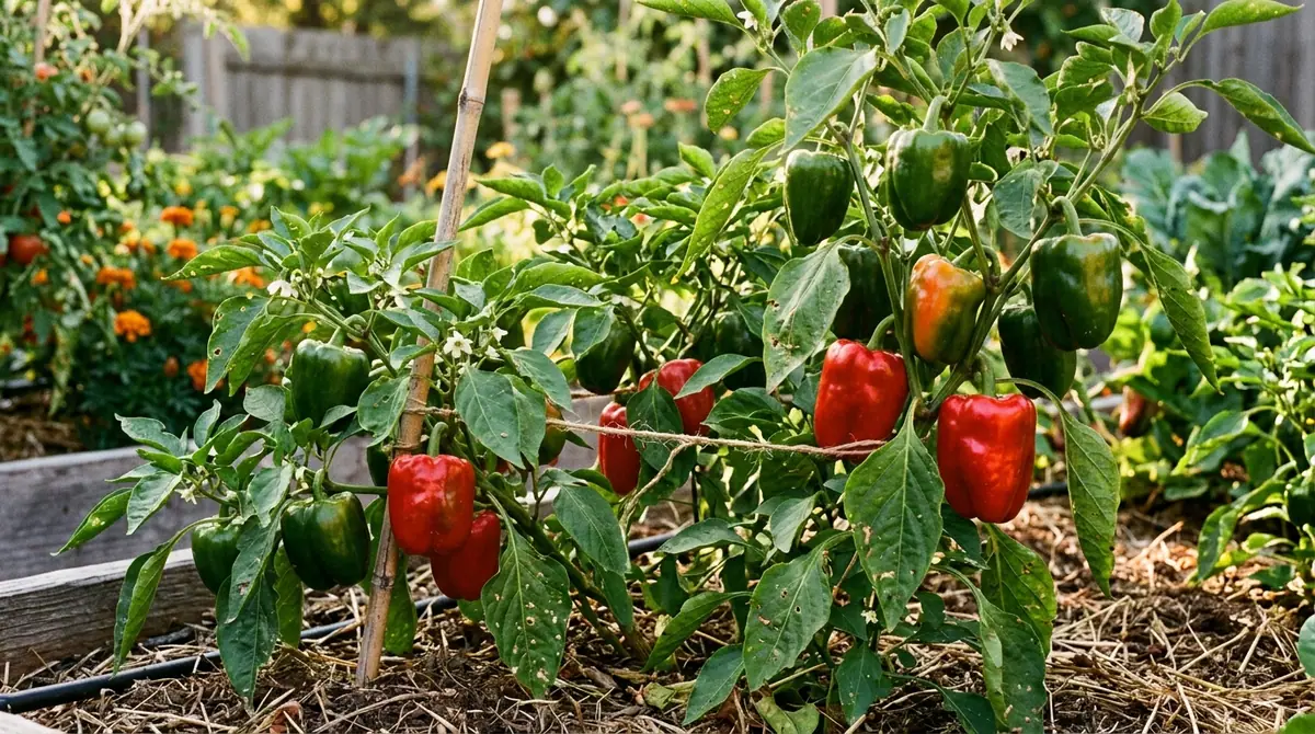 Green and red bell peppers growing on leafy, staked plants in a garden bed
