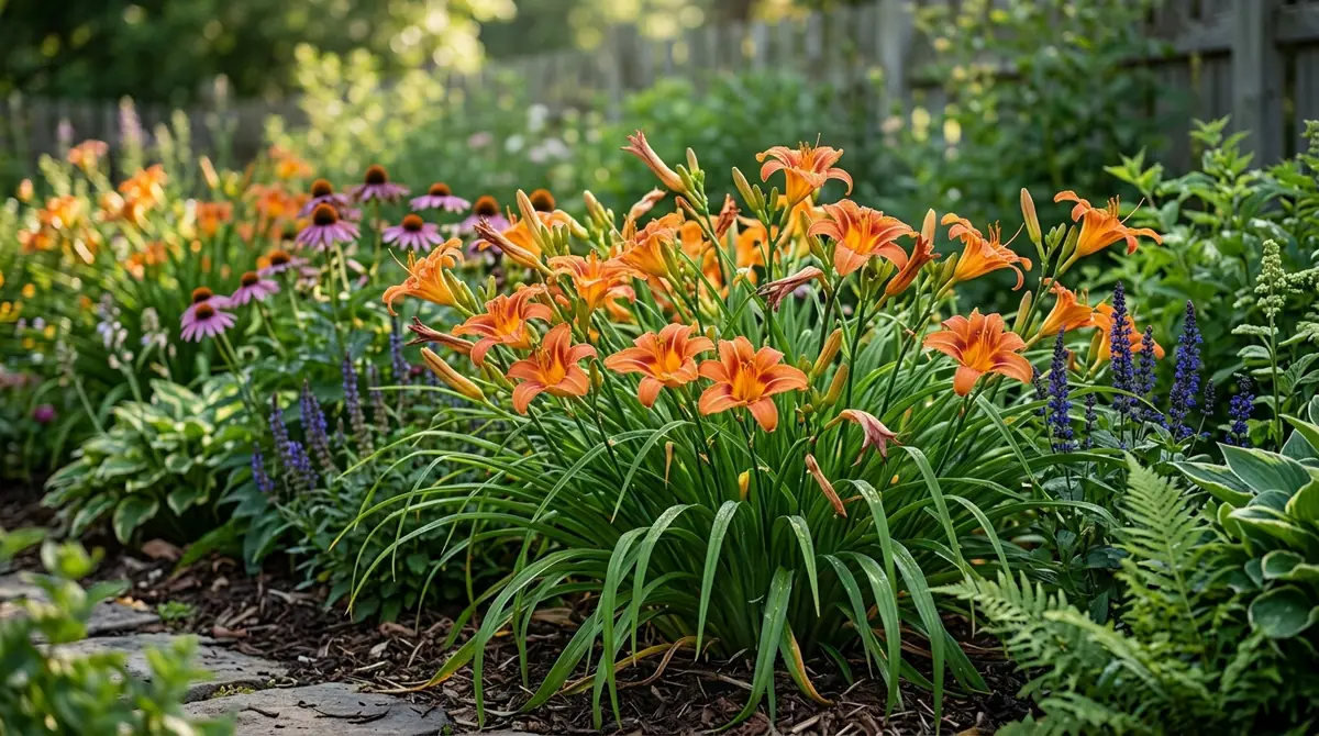 Bright orange daylilies blooming in a garden bed alongside purple coneflowers and lush green foliage