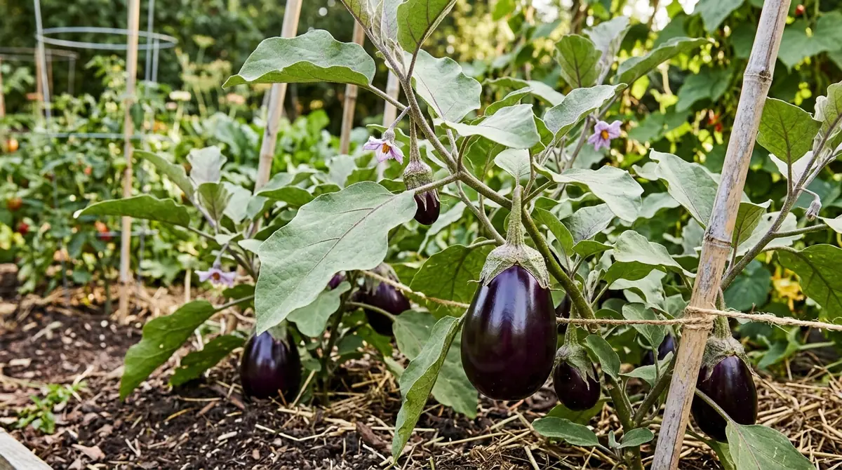Eggplant plants bearing shiny dark purple fruit and small purple flowers in a garden bed