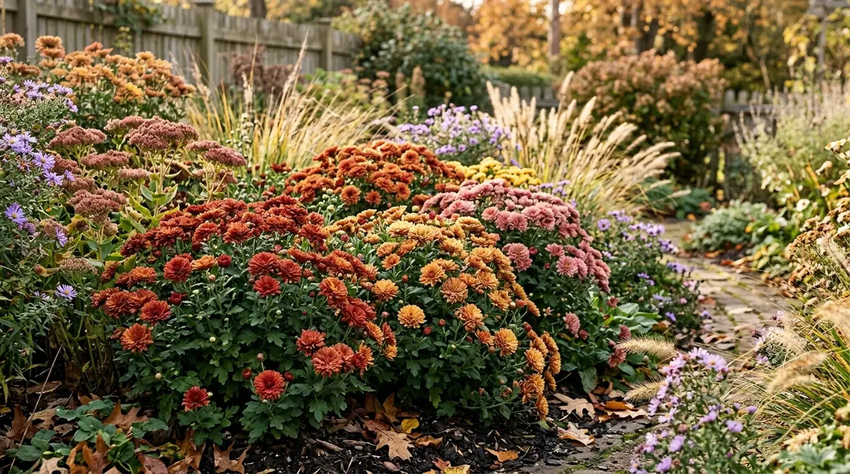 Colorful orange, rust, and pink mums blooming in an autumn garden bed along a stone path