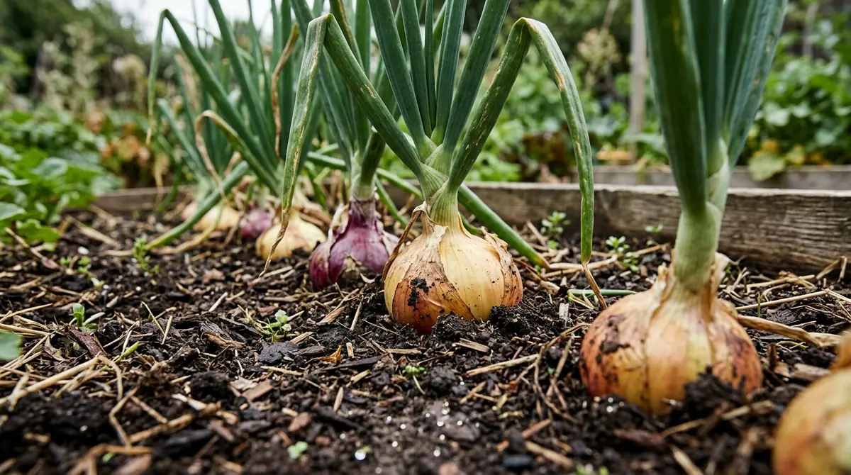 Row of onion bulbs with tall green tops growing in dark garden soil