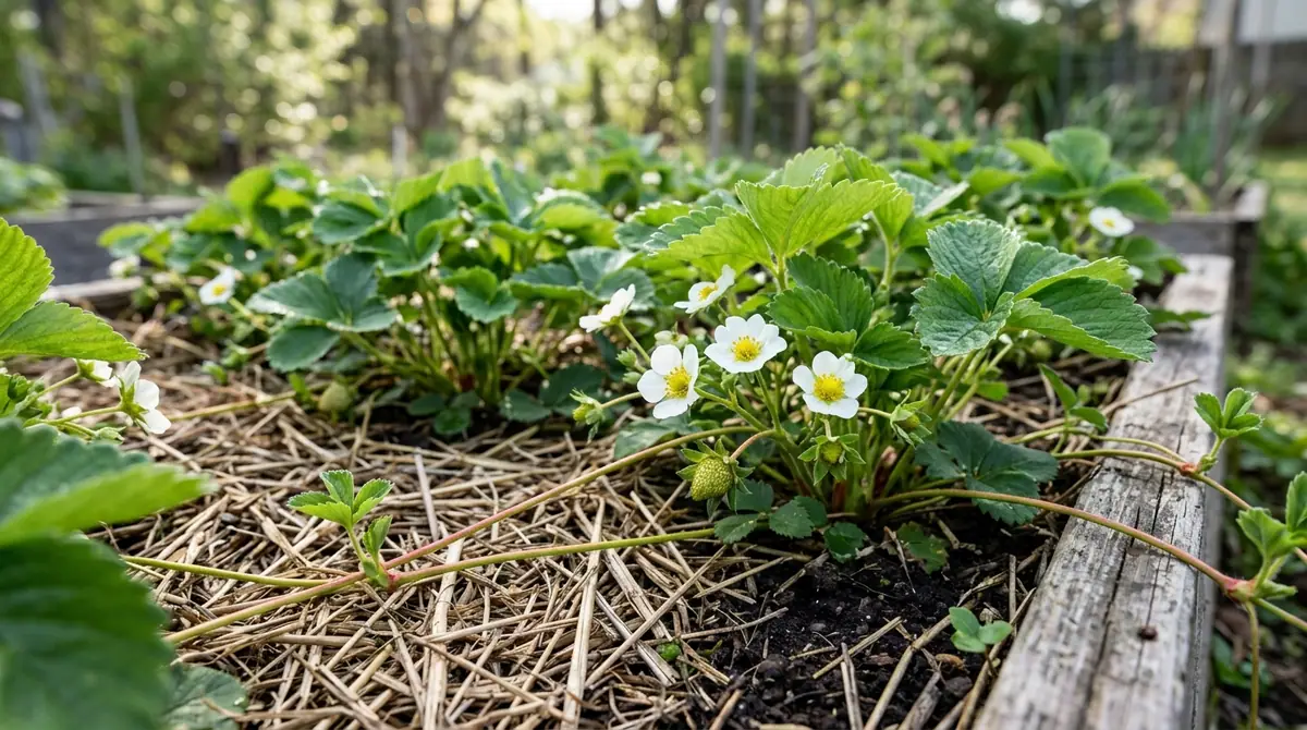 Strawberry plants with white flowers growing in a straw-mulched raised garden bed