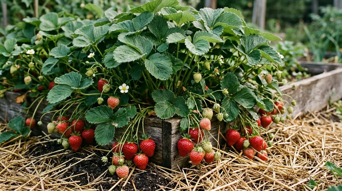 Lush strawberry plant with ripe red berries spilling over a wooden raised bed onto straw mulch