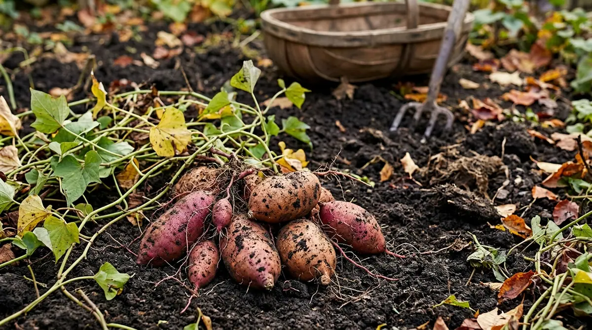 Freshly harvested sweet potatoes on dark garden soil next to green vines and a wooden basket