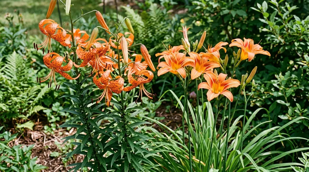 Spotted orange tiger lilies blooming alongside orange daylilies in a lush garden bed