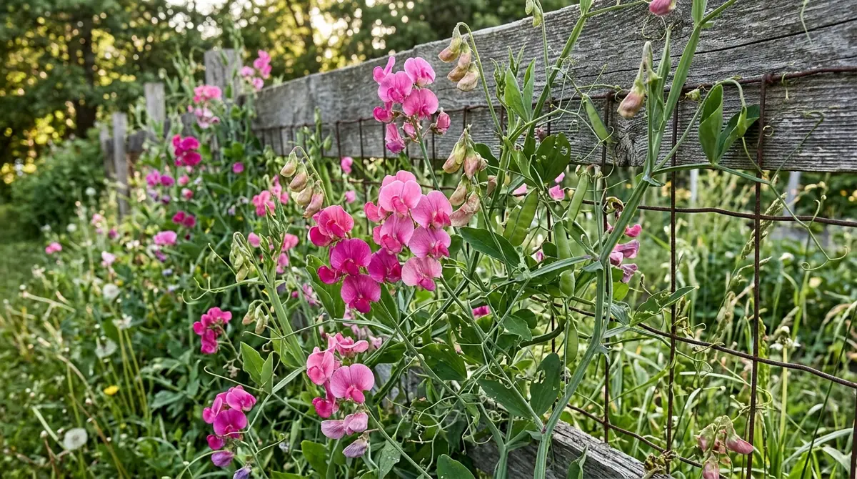 Pink wild sweet pea flowers and green pods growing along a rustic wooden and wire fence