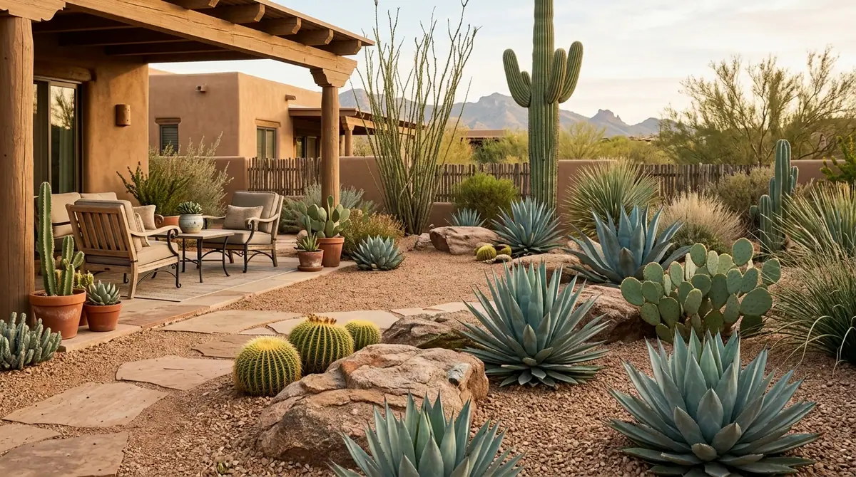 Southwest desert backyard with agaves, barrel cacti, and a tall saguaro cactus beside a covered patio