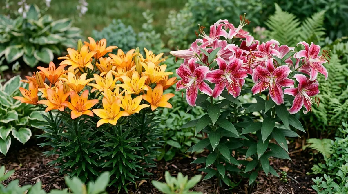 Bright orange Asiatic lilies next to pink Oriental lilies in a garden bed