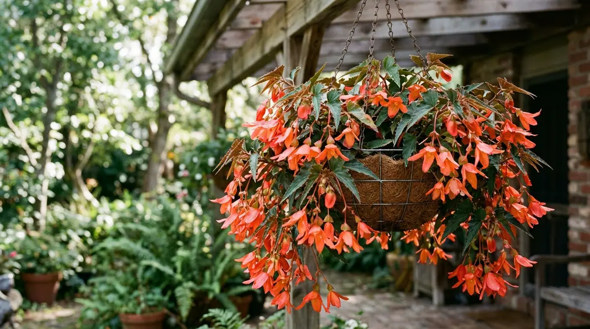 Vibrant orange begonias cascading from a wire hanging basket under a wooden porch