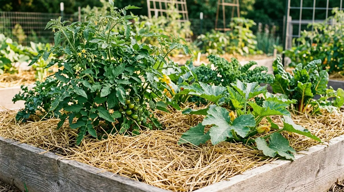 Straw mulch covering the soil around tomato and squash plants in a wooden raised bed