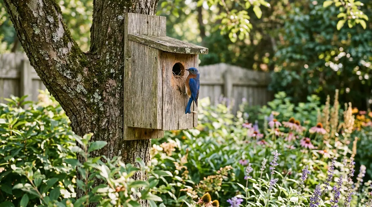 Bluebird perched on a wooden nesting box mounted on a tree in a garden filled with blooming coneflowers