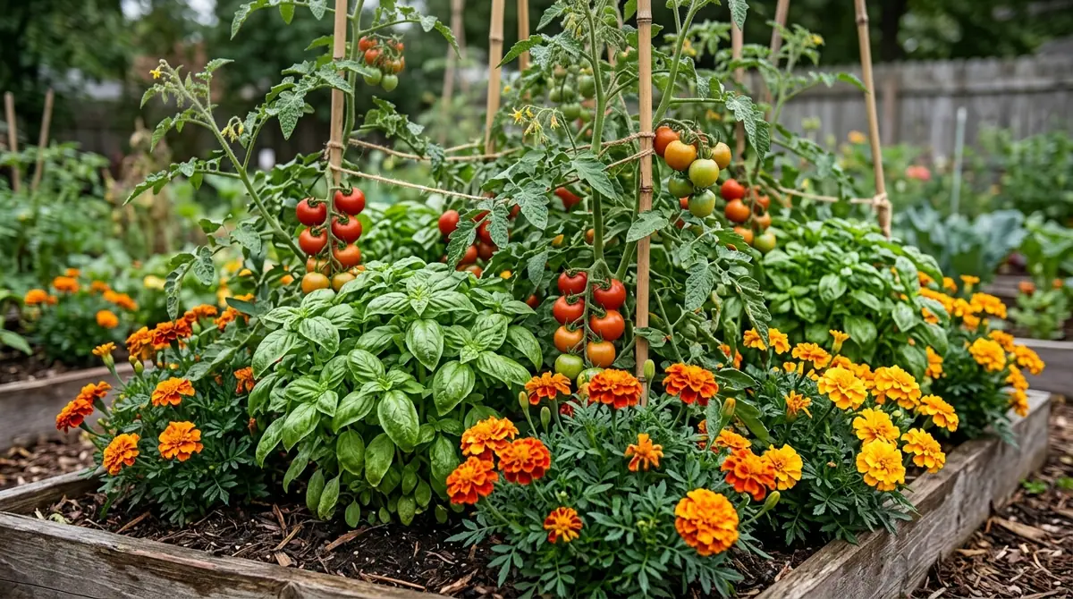 Staked cherry tomatoes, leafy basil, and bright orange marigolds growing together in a wooden raised garden bed