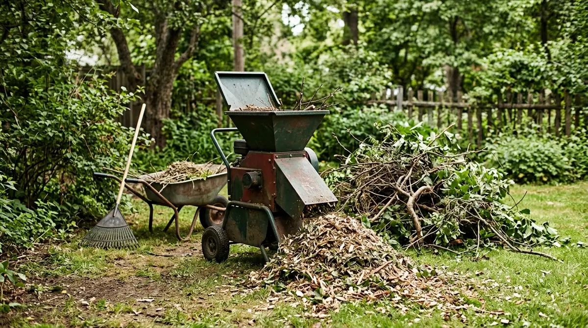 Compost shredder in a garden with a pile of fresh wood chips, pruned branches, and a wheelbarrow