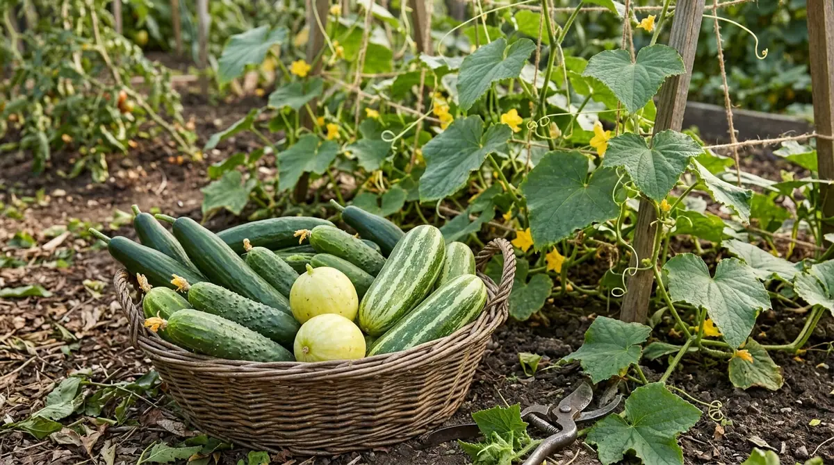 Woven basket filled with various green and yellow cucumber varieties next to flowering vines in a garden