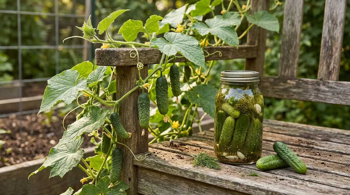 Fresh cucumbers on a growing vine and a glass jar of pickles sitting on a wooden garden bench