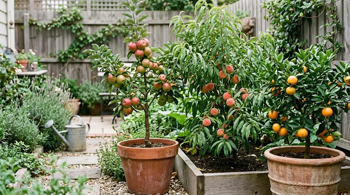 Dwarf apple, peach, and citrus trees laden with ripe fruit growing in a backyard garden