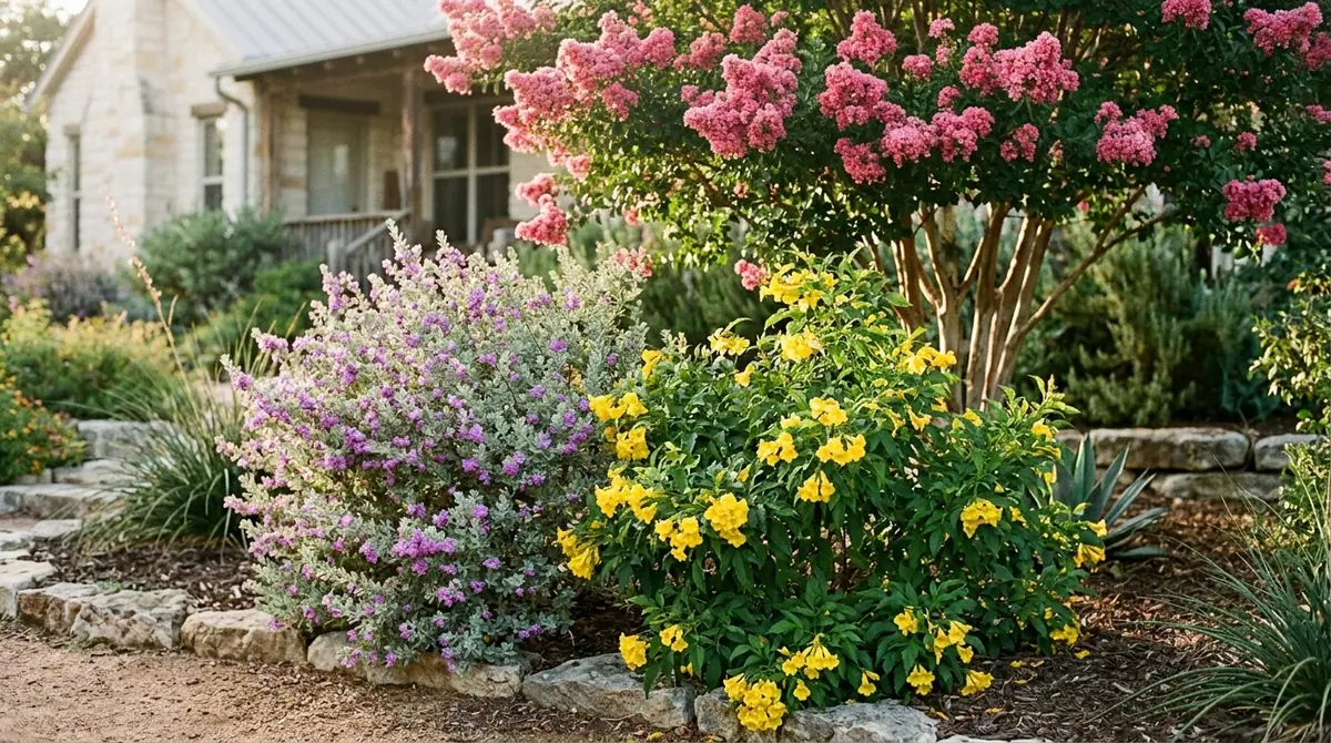 Pink crape myrtle, purple Texas sage, and yellow bells blooming in a garden bed by a stone house