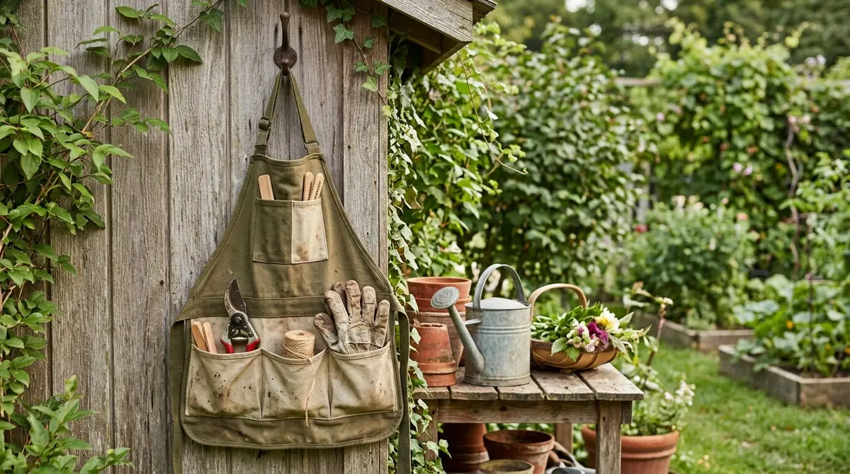 Green canvas gardening apron with pruners and gloves hanging on a wooden shed beside potted plants