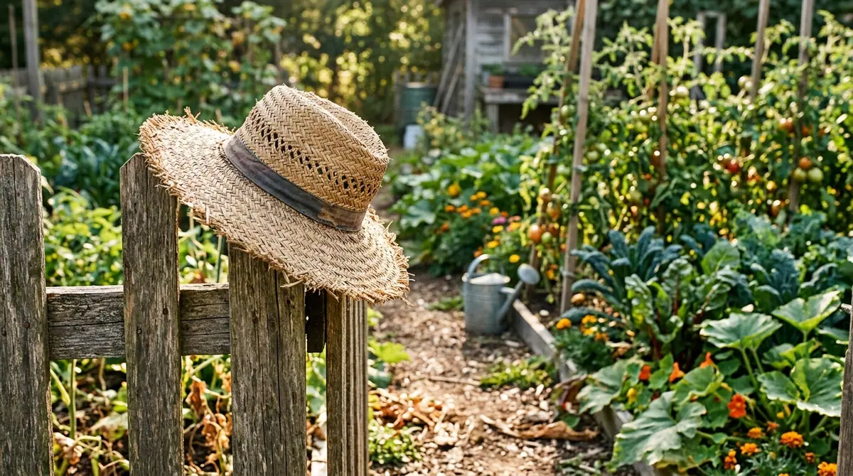 Straw hat resting on a wooden fence post at the entrance to a vegetable garden with tomato plants
