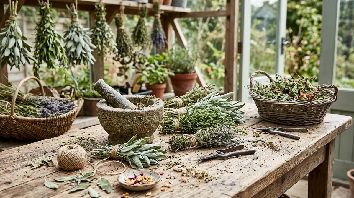 Bundles of fresh sage, rosemary, and lavender on a wooden table with a stone mortar and pestle in a potting shed