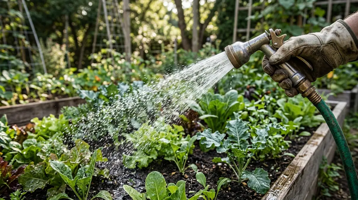 Gloved hand spraying water from a metal nozzle onto leafy vegetables in a raised garden bed