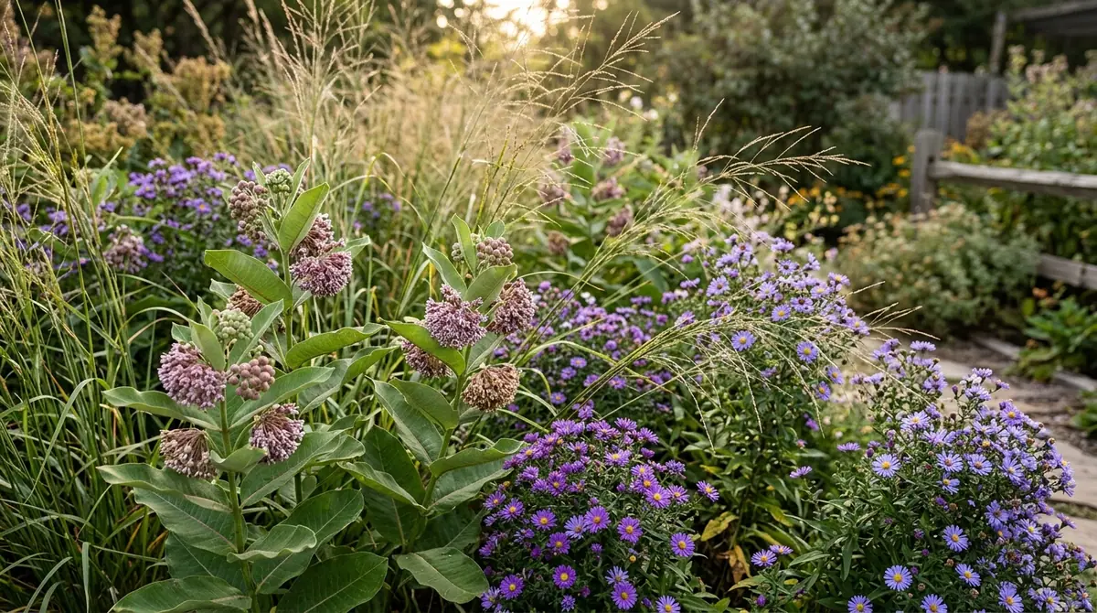 Pink milkweed blossoms and purple asters growing alongside tall grasses in a sunlit garden