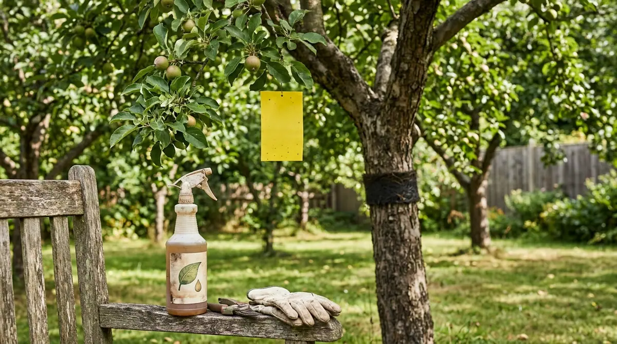 Yellow sticky trap hanging from an apple tree branch with a spray bottle and gloves on a wooden bench