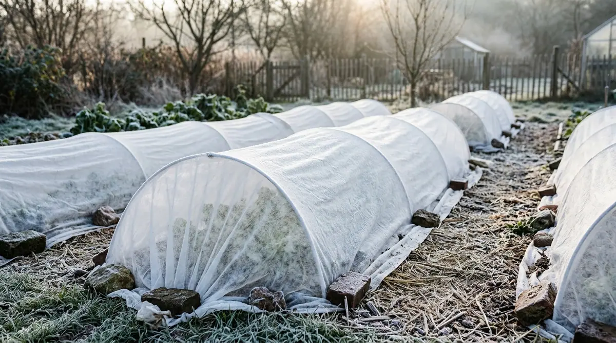 White fleece row covers over garden beds on a frosty winter morning