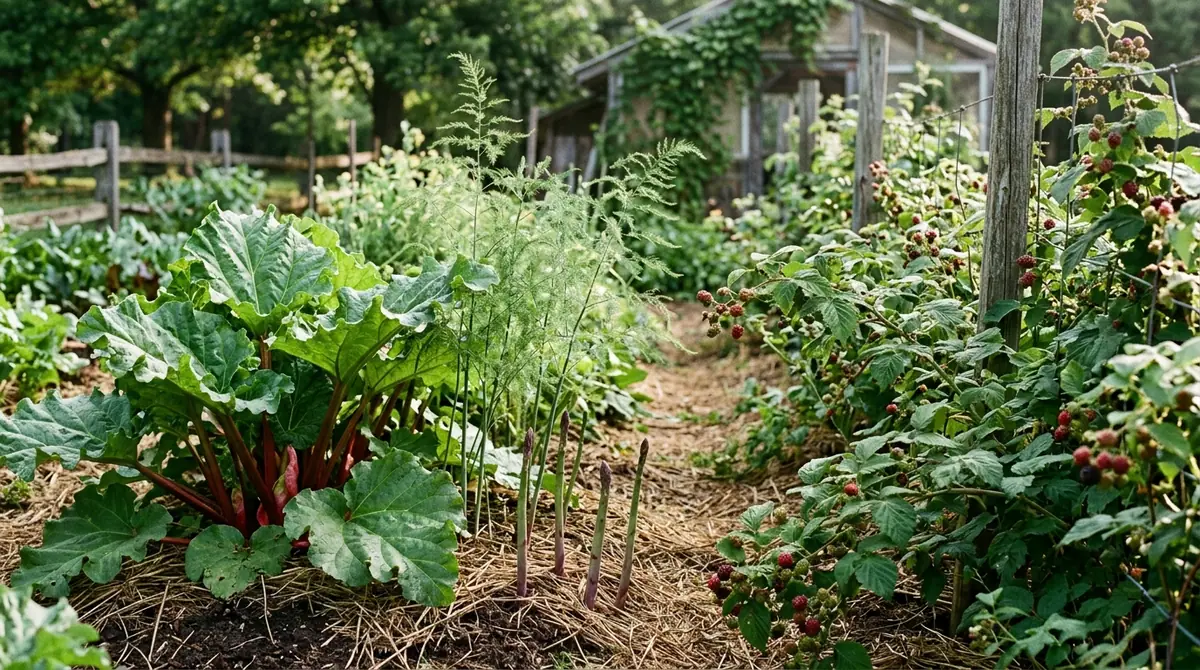 Leafy rhubarb, asparagus spears, and fruiting berry bushes growing along a straw garden pathway