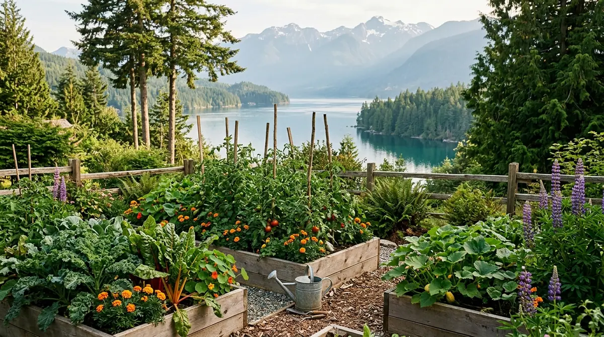 Raised garden beds growing kale, Swiss chard, and tomatoes overlooking a scenic lake and mountains