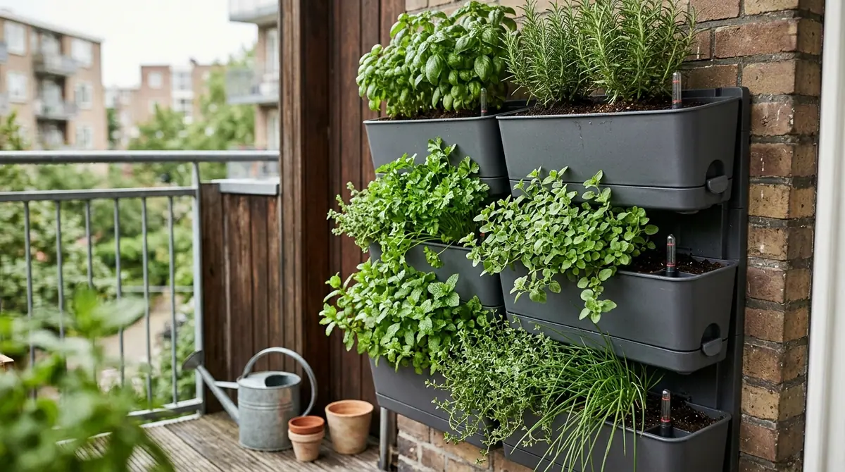 Vertical self-watering planters filled with herbs like basil and rosemary mounted on a brick balcony wall