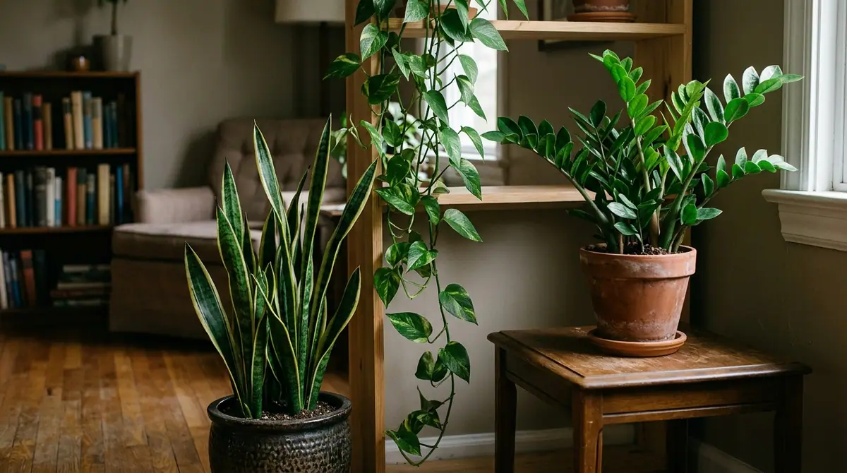 Potted snake plant, trailing pothos, and ZZ plant on wooden furniture in a living room
