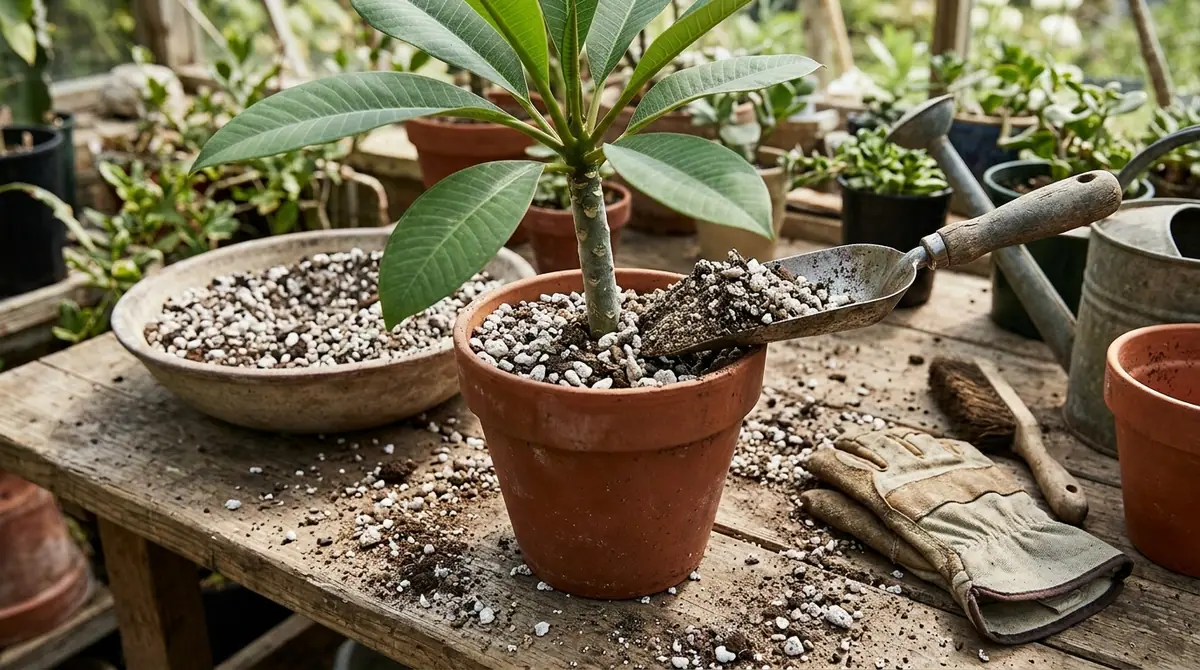 Hand trowel adding well-draining soil mix to a young plumeria plant in a terracotta pot