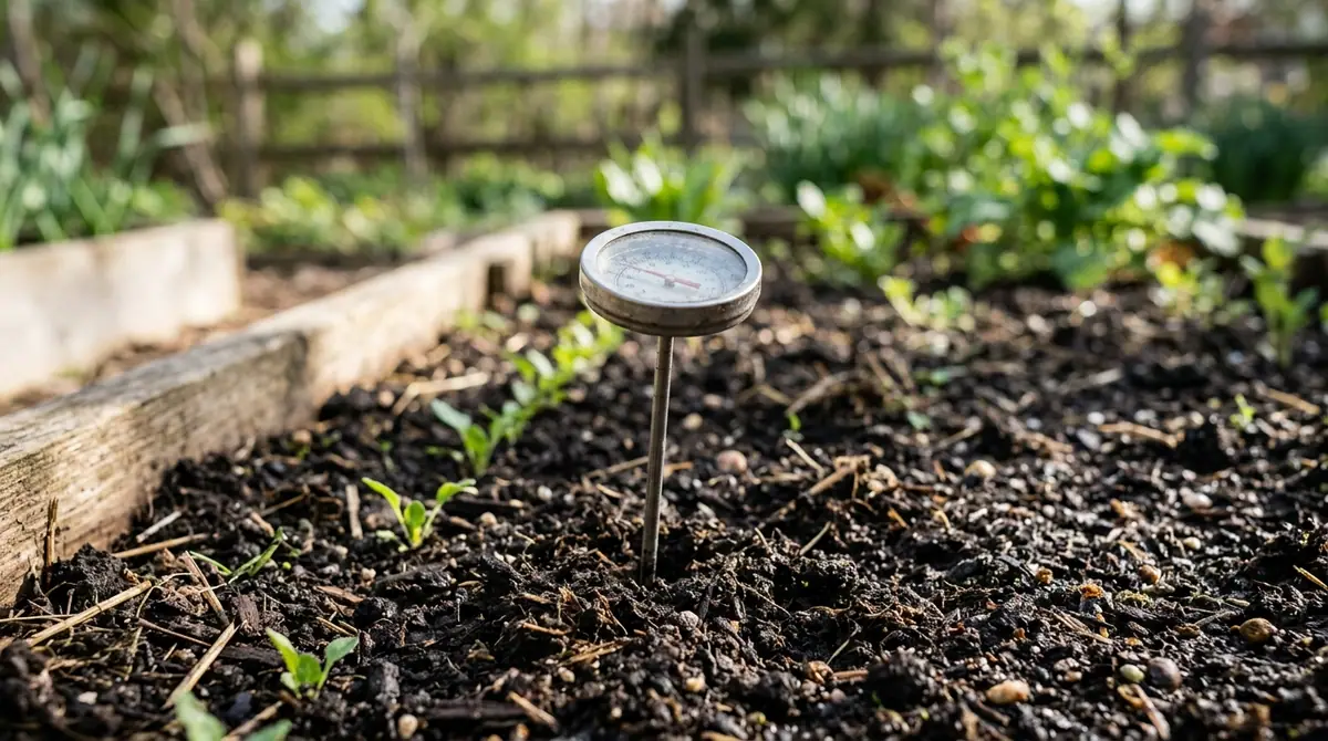 Soil thermometer inserted into dark garden bed soil next to young vegetable seedlings