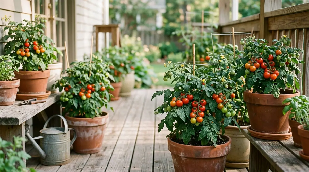 Potted tomato plants with ripe red tomatoes sitting on a wooden deck