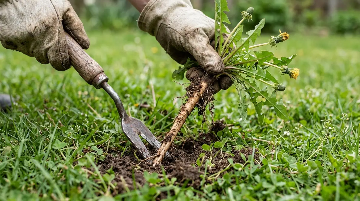 Gloved hands using a weeding tool to pull a dandelion with a long taproot from a grassy lawn