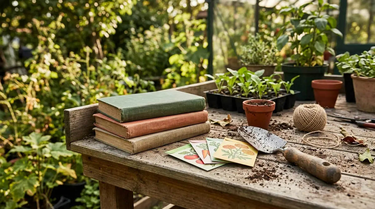 Stack of books, seed packets, and a trowel on a wooden potting bench with vegetable seedlings