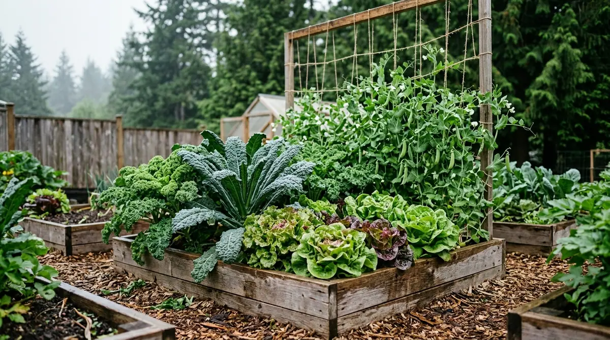 Raised wooden garden bed filled with kale, lettuce, and pea vines growing up a string trellis