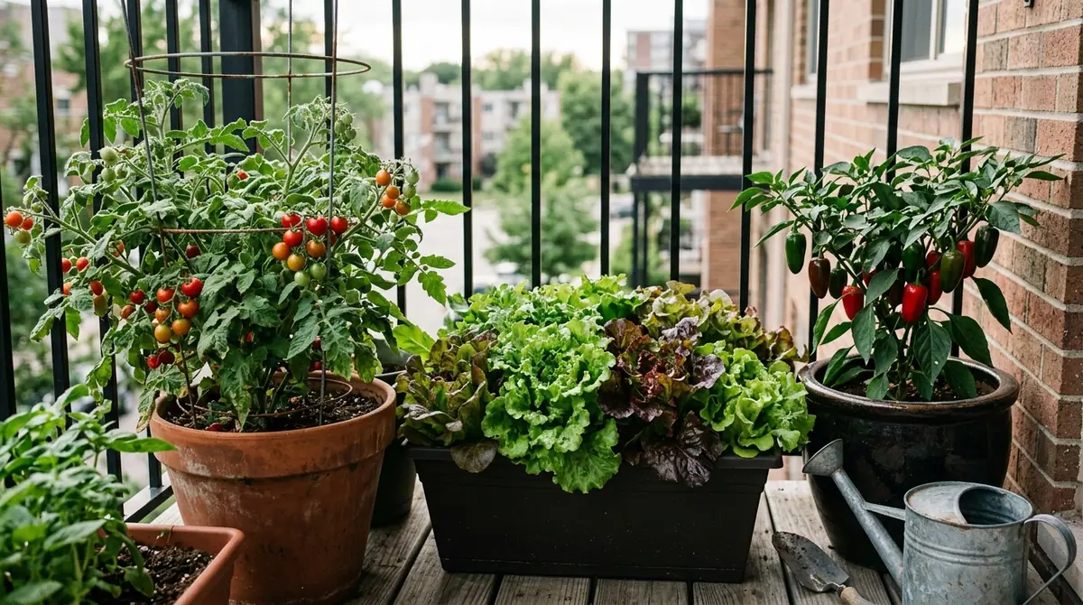 Potted cherry tomatoes, leafy lettuce, and pepper plants growing on an apartment balcony