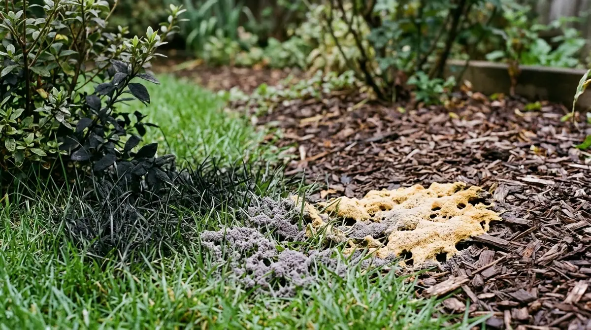 Black mold covering shrub leaves and grass next to yellow slime mold on wood chip mulch