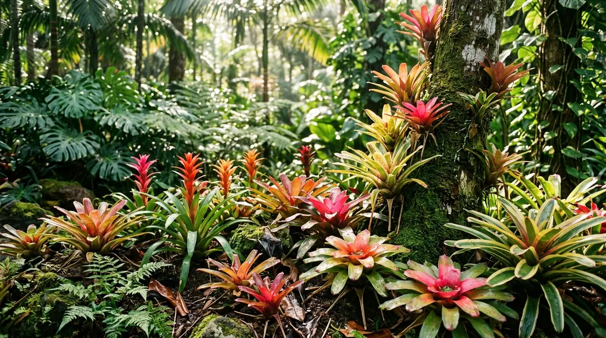 Vibrant pink, red, and orange bromeliads growing on the ground and up a mossy tree in a tropical garden
