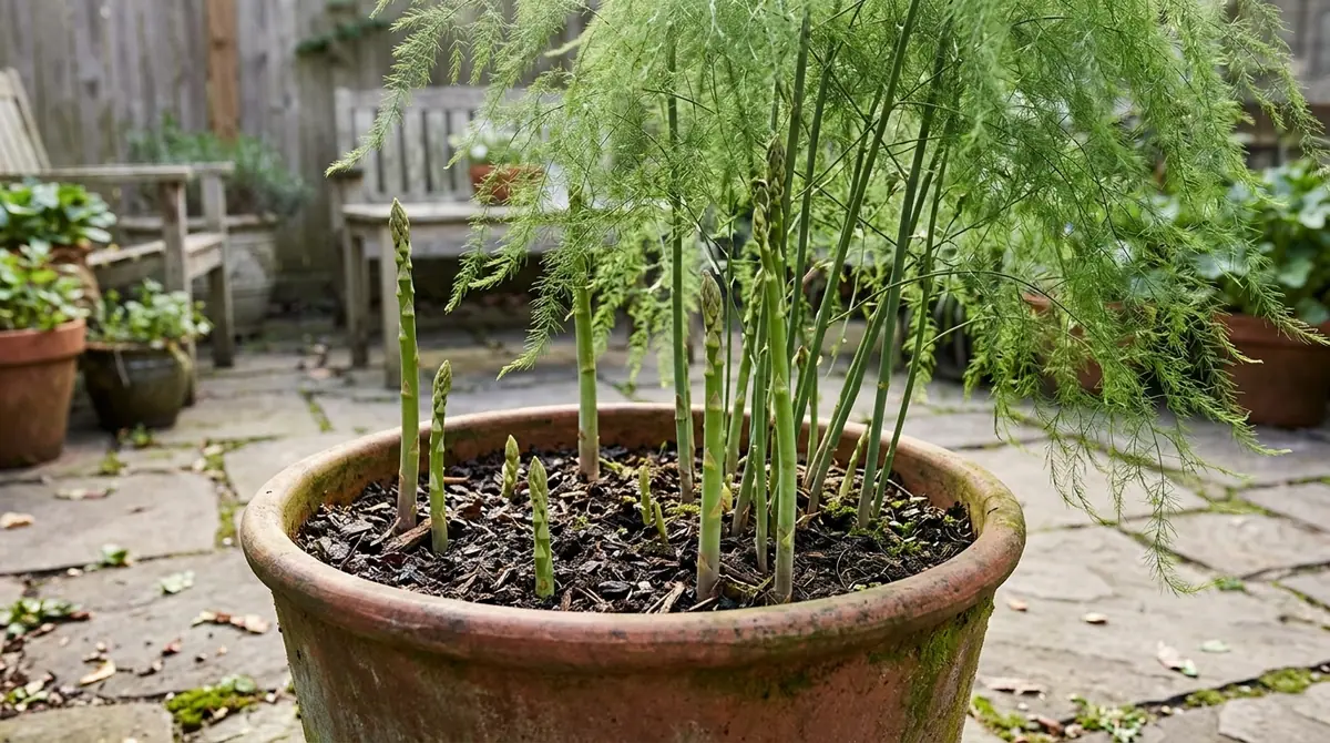 Young asparagus spears and feathery ferns growing in a terracotta pot on a stone patio